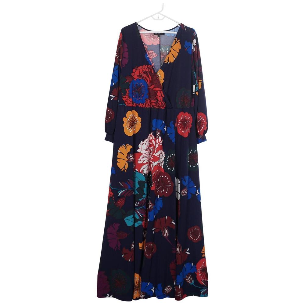 ELOQUII Maxi Dress 16 Blue Floral Print Long Sleeve V-Neck Stretch